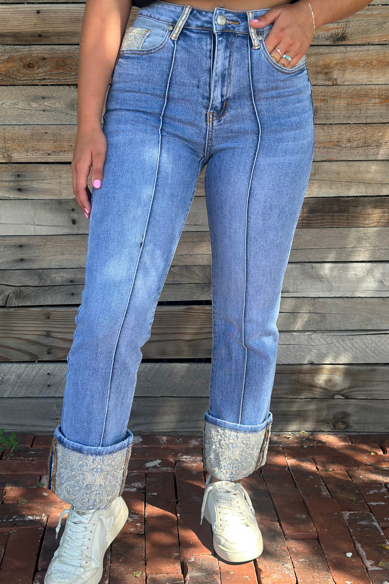 Embroidered Cuffed Jeans