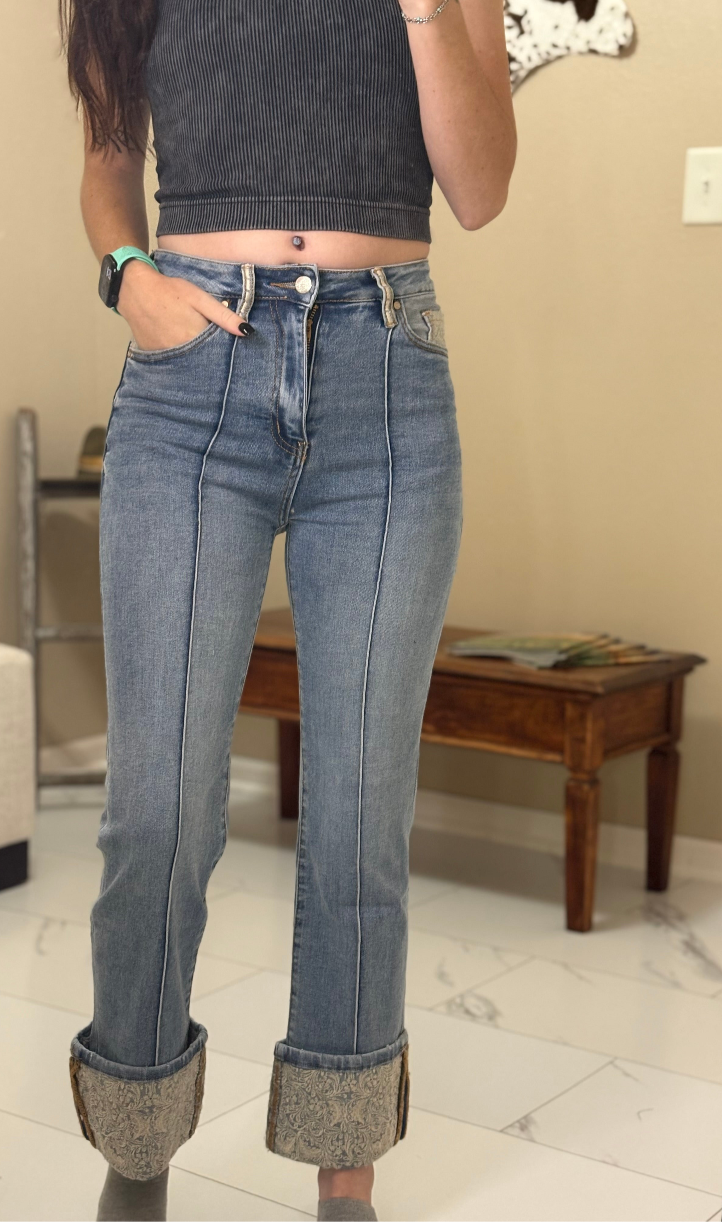 Embroidered Cuffed Jeans