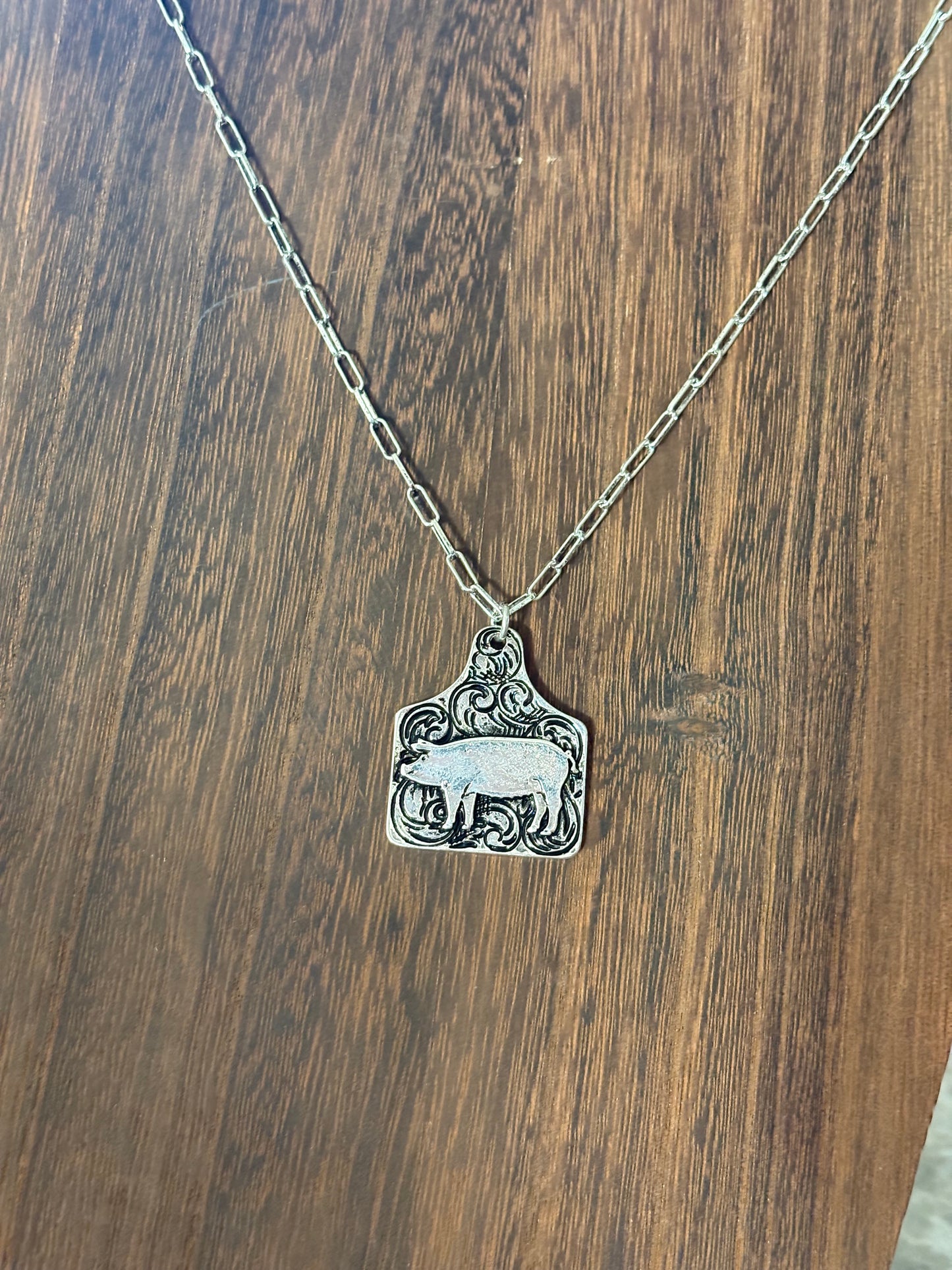 Pig Etched Cattle Tag Necklace