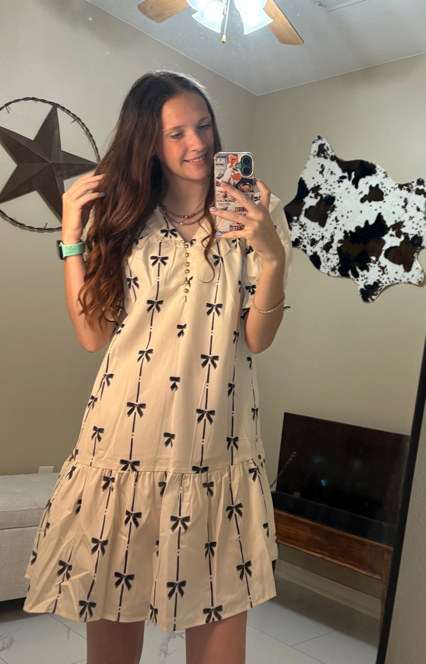 Yeller Daze Bowknot Bubble Sleeve V Neck Mini Dress