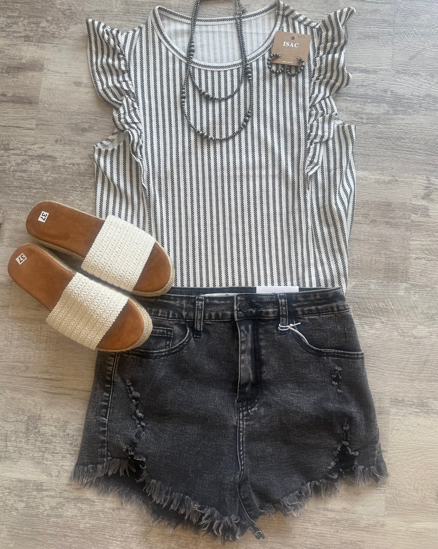 Striped Crew Neck Ruffled Tank Top