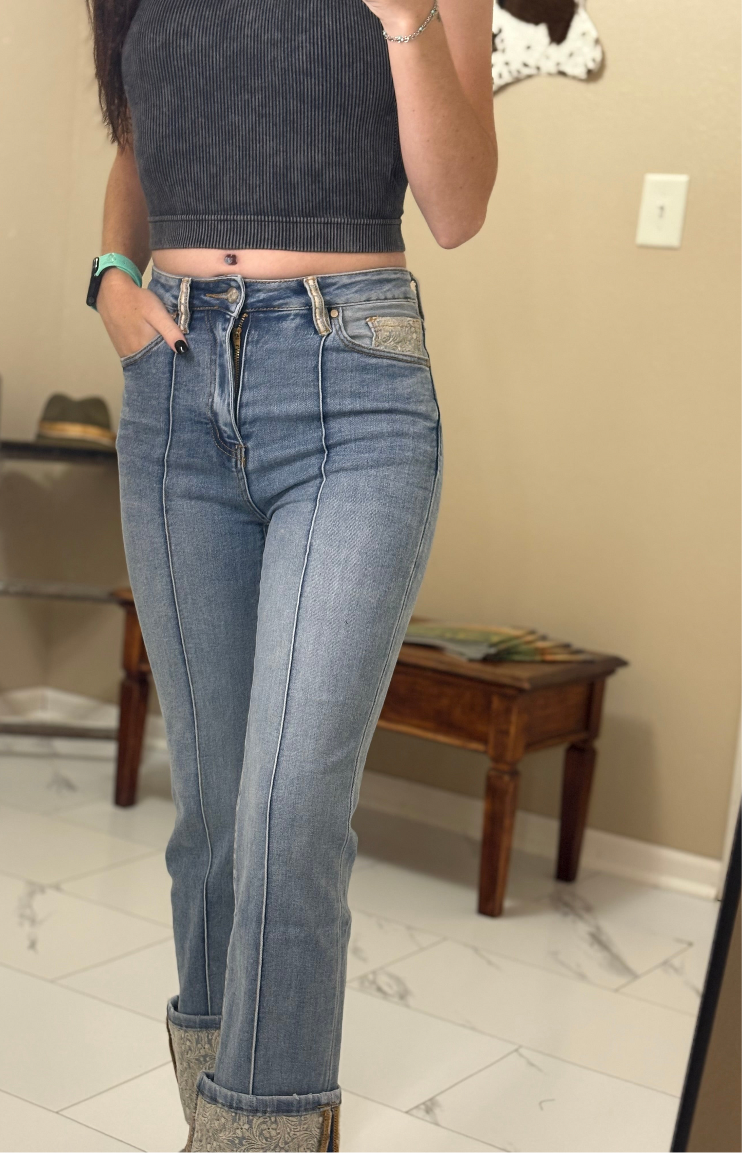 Embroidered Cuffed Jeans