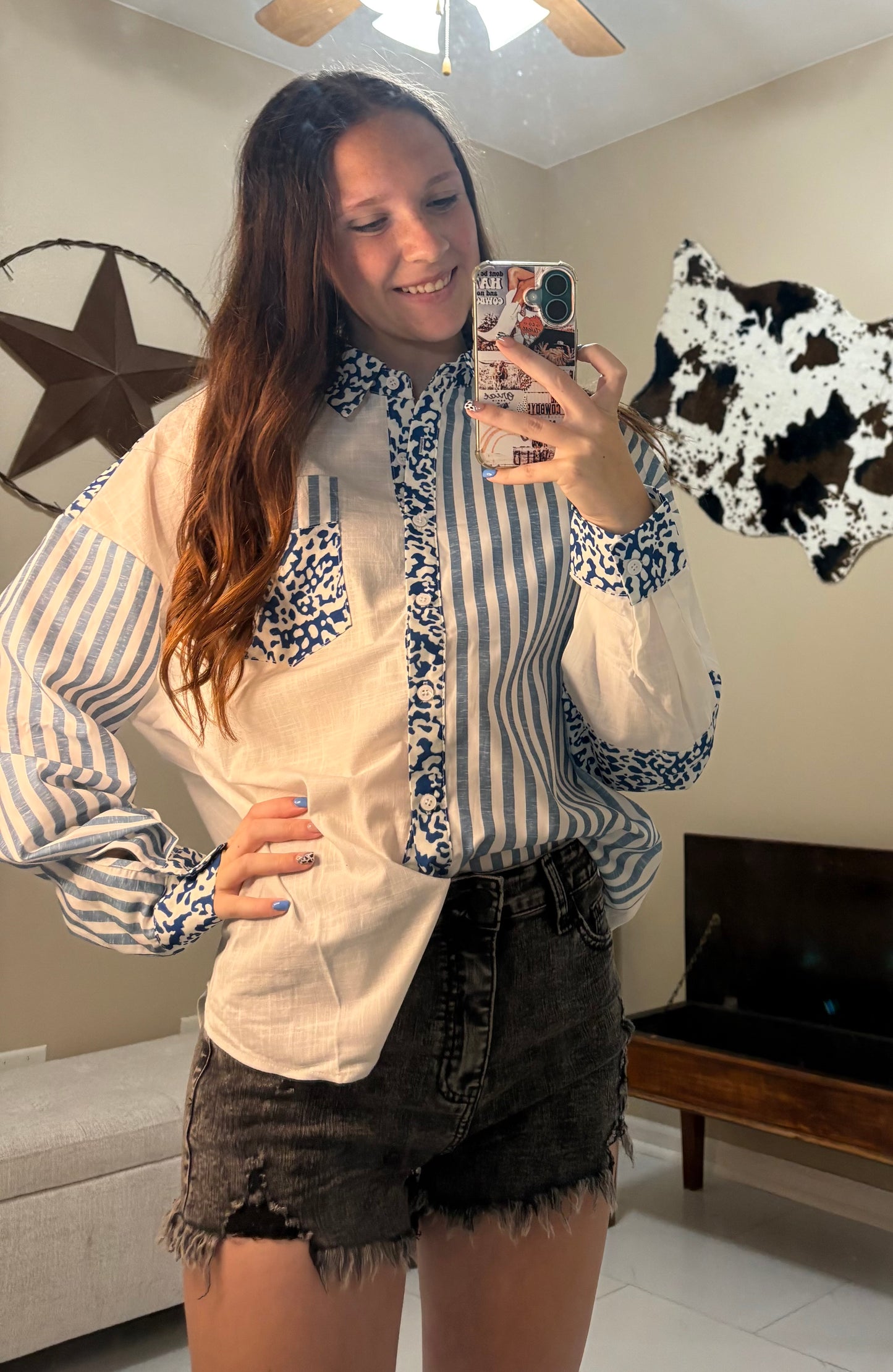 Cowgirl Clash Leopard Striped Casual Shirt