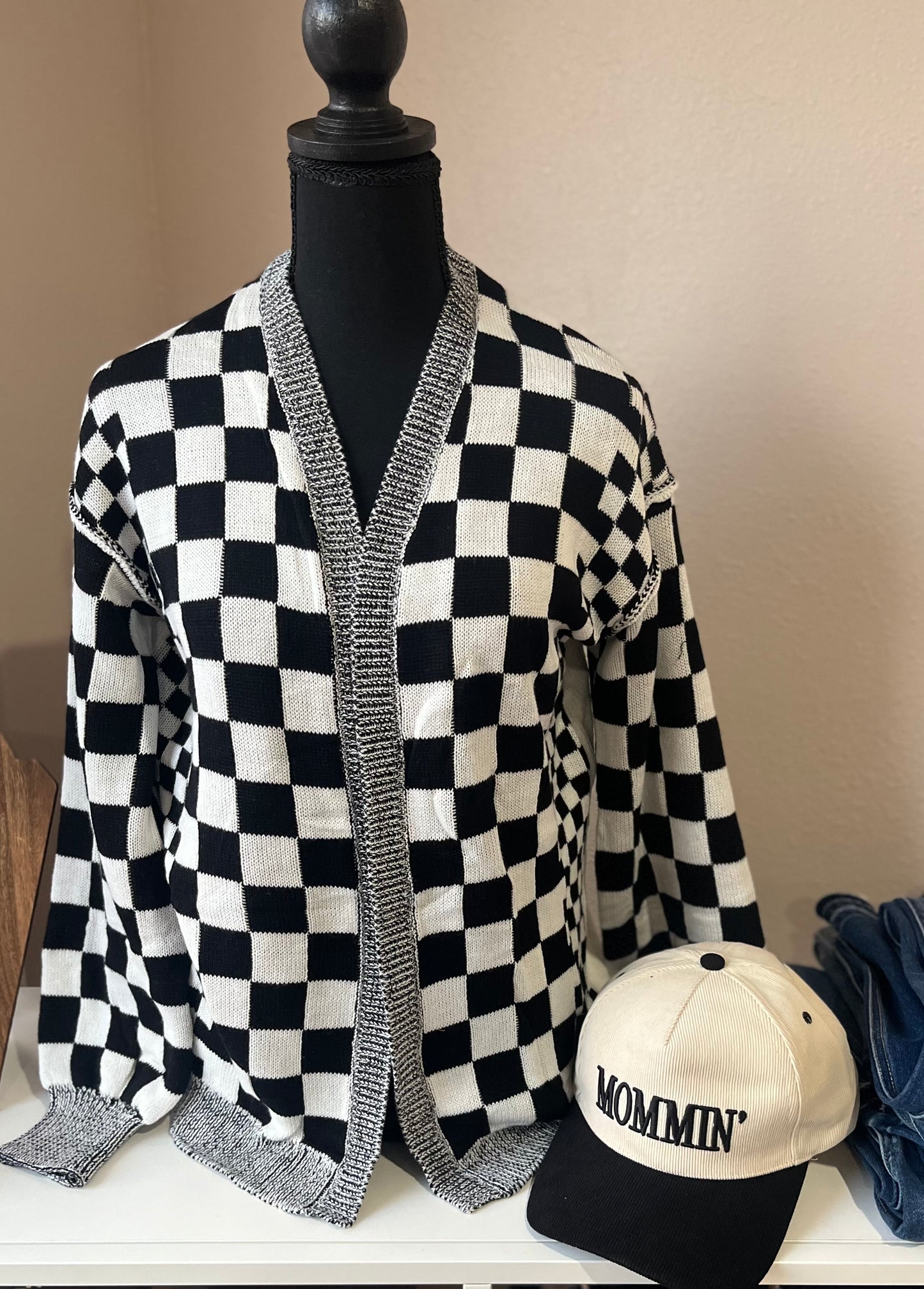 Checkered Open Front Cardigan