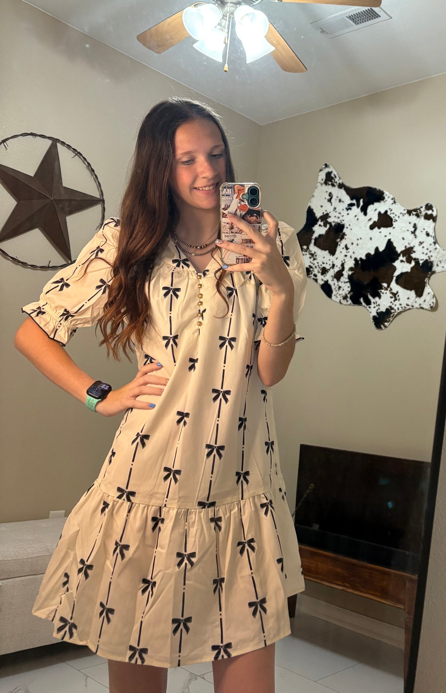 Yeller Daze Bowknot Bubble Sleeve V Neck Mini Dress