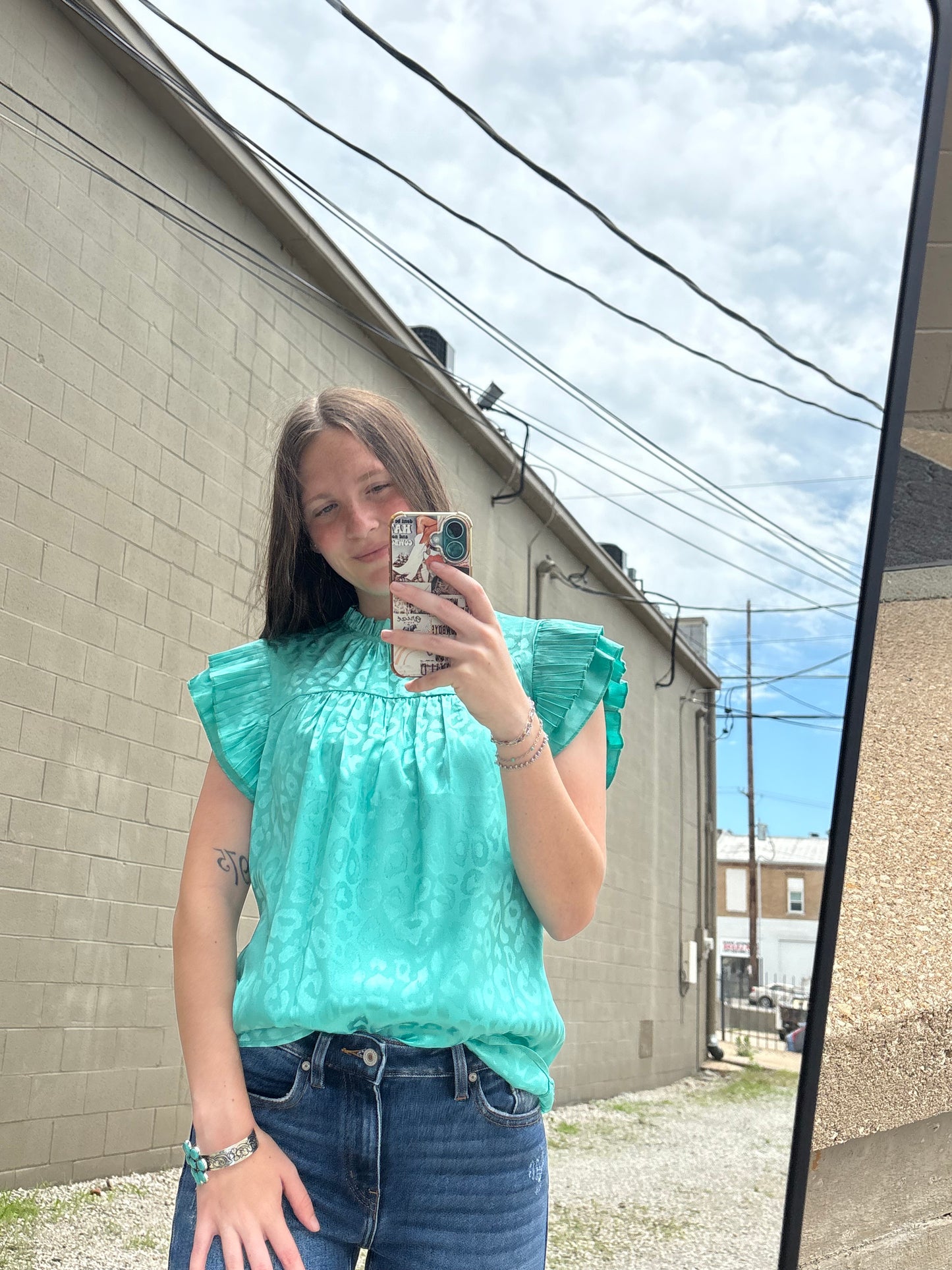 Turquoise Leopard Satin Pleated Ruffle Top