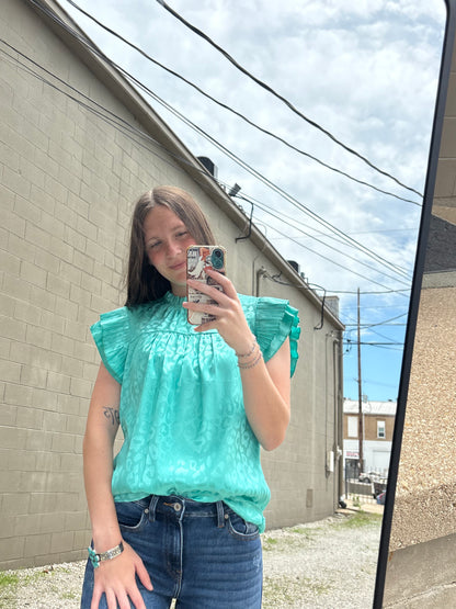 Turquoise Leopard Satin Pleated Ruffle Top