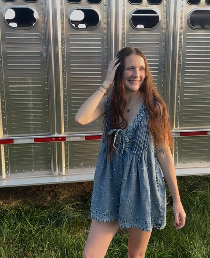 Pleated Rhinestone Denim Romper