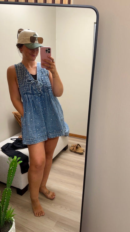 Pleated Rhinestone Denim Romper