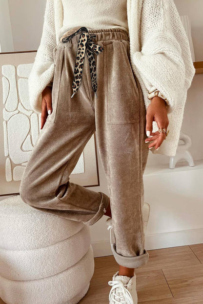 Corduroy Leopard Drawstring High Waist Sweatpants