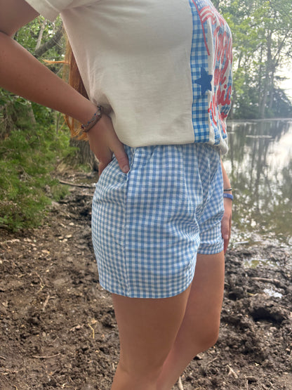 Blue High Waist Gingham Shorts