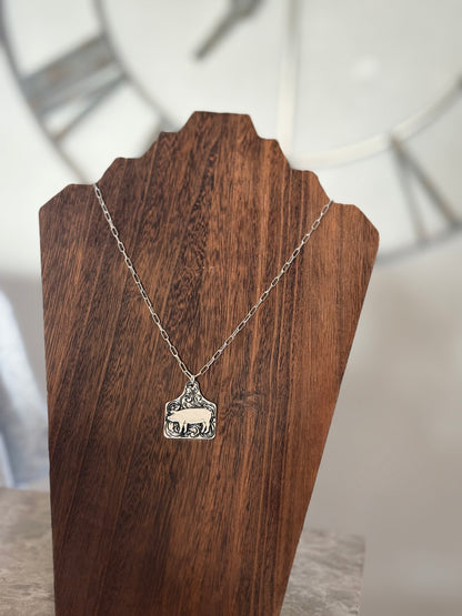 Pig Etched Cattle Tag Necklace