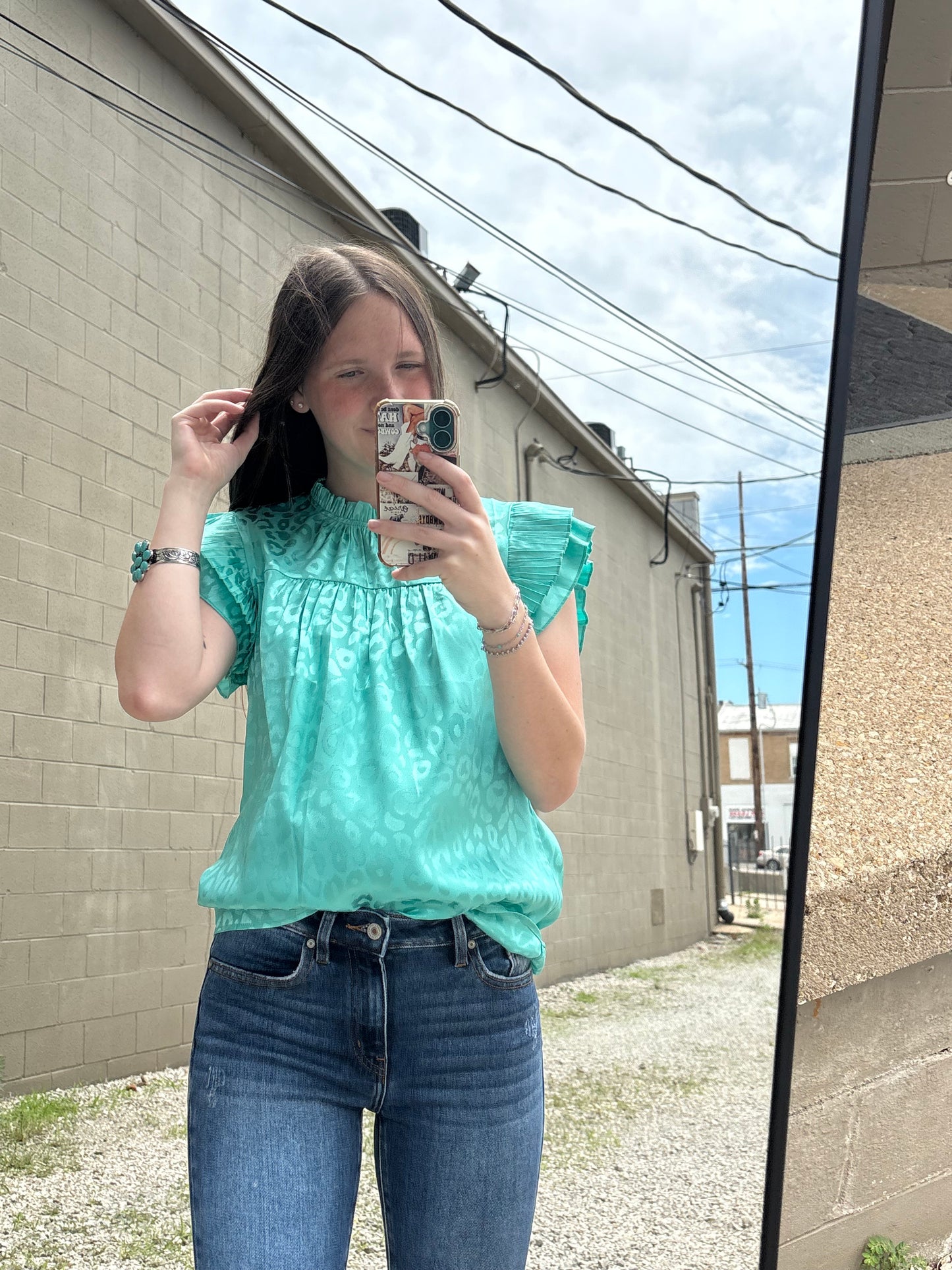 Turquoise Leopard Satin Pleated Ruffle Top