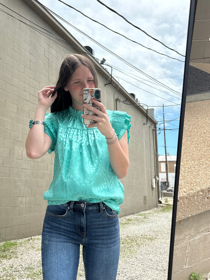 Turquoise Leopard Satin Pleated Ruffle Top