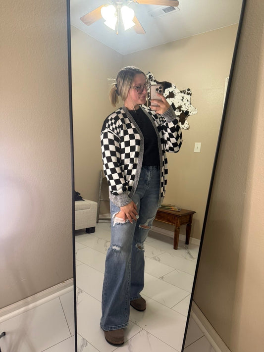 Checkered Open Front Cardigan