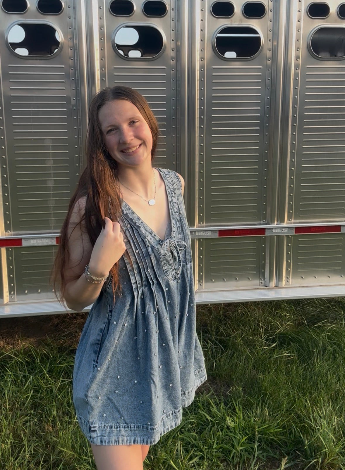 Pleated Rhinestone Denim Romper