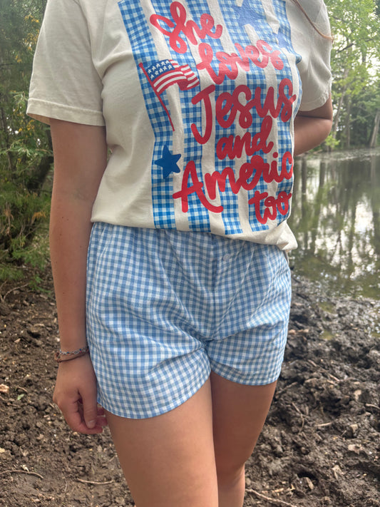 Blue High Waist Gingham Shorts