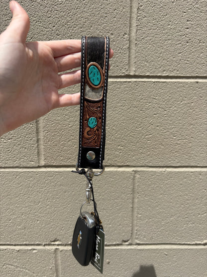 Tallin Bloom Handtooled Leather Keyfob in Saddle Sky