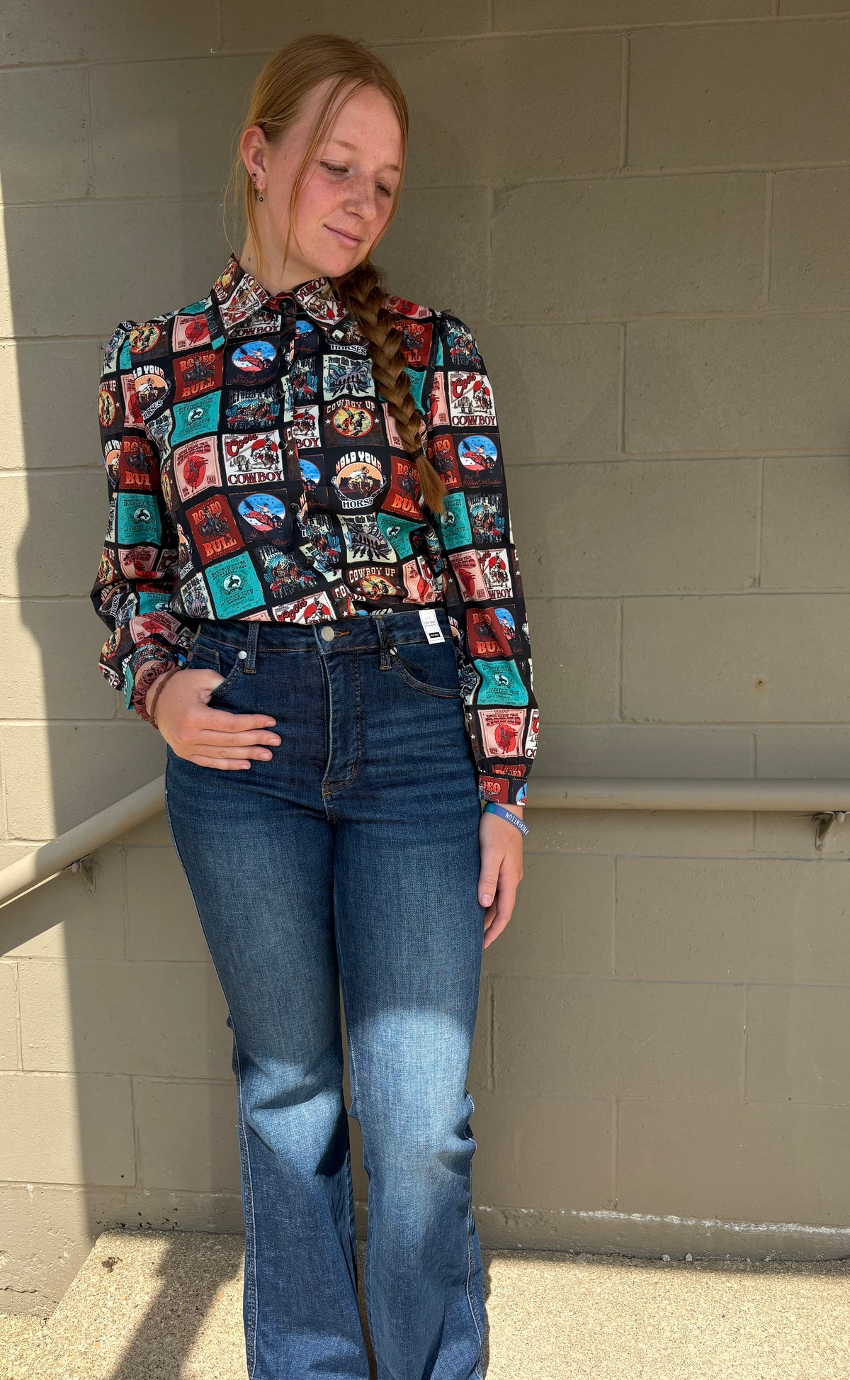 Stamp Pearl Snap Button Up