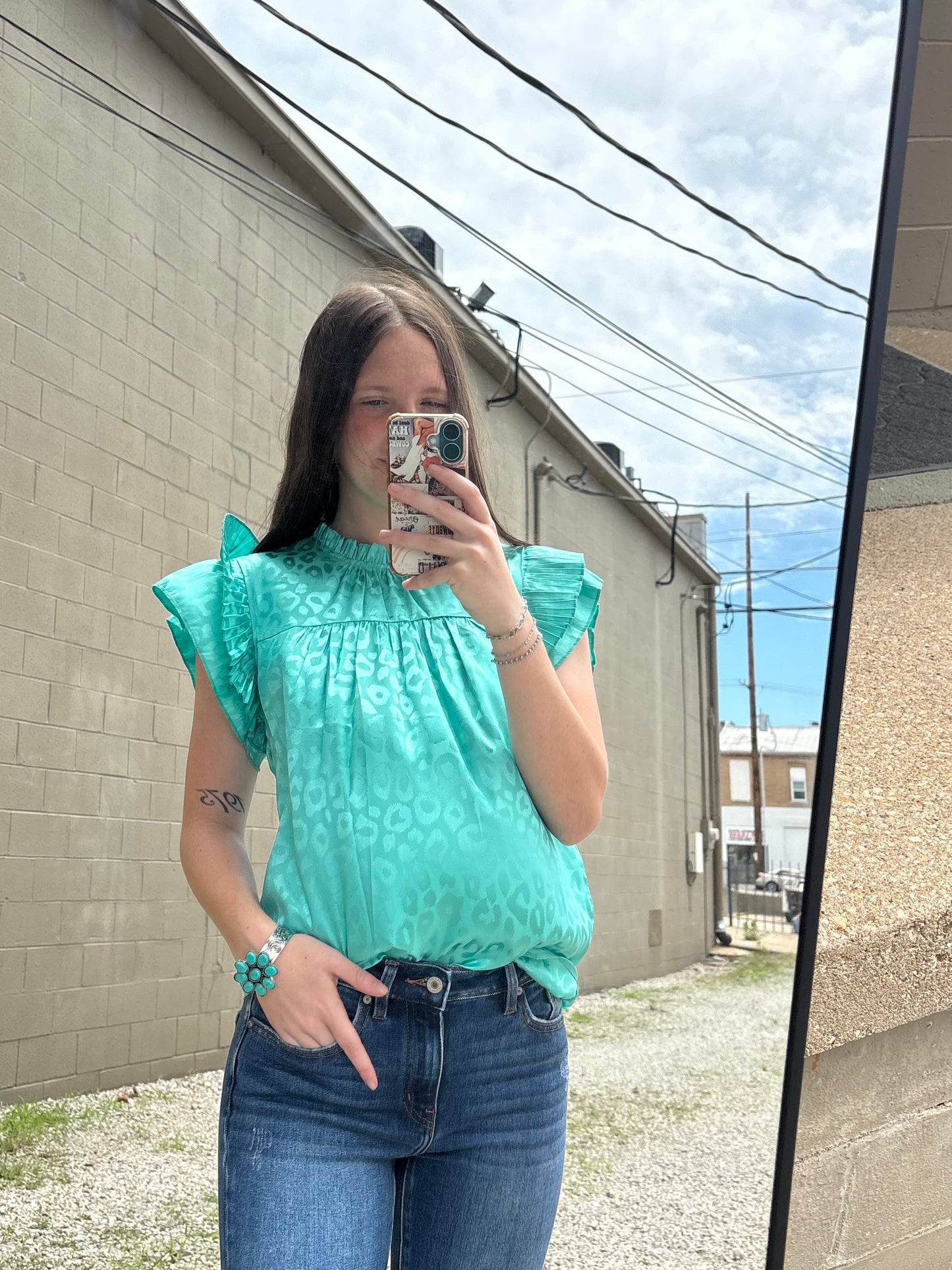Turquoise Leopard Satin Pleated Ruffle Top