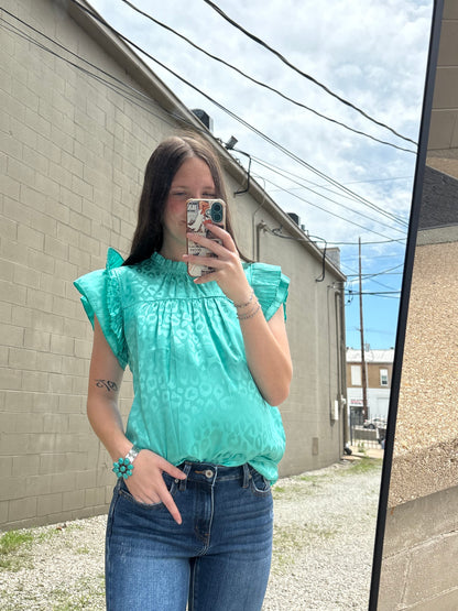 Turquoise Leopard Satin Pleated Ruffle Top