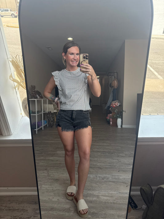 Striped Crew Neck Ruffled Tank Top