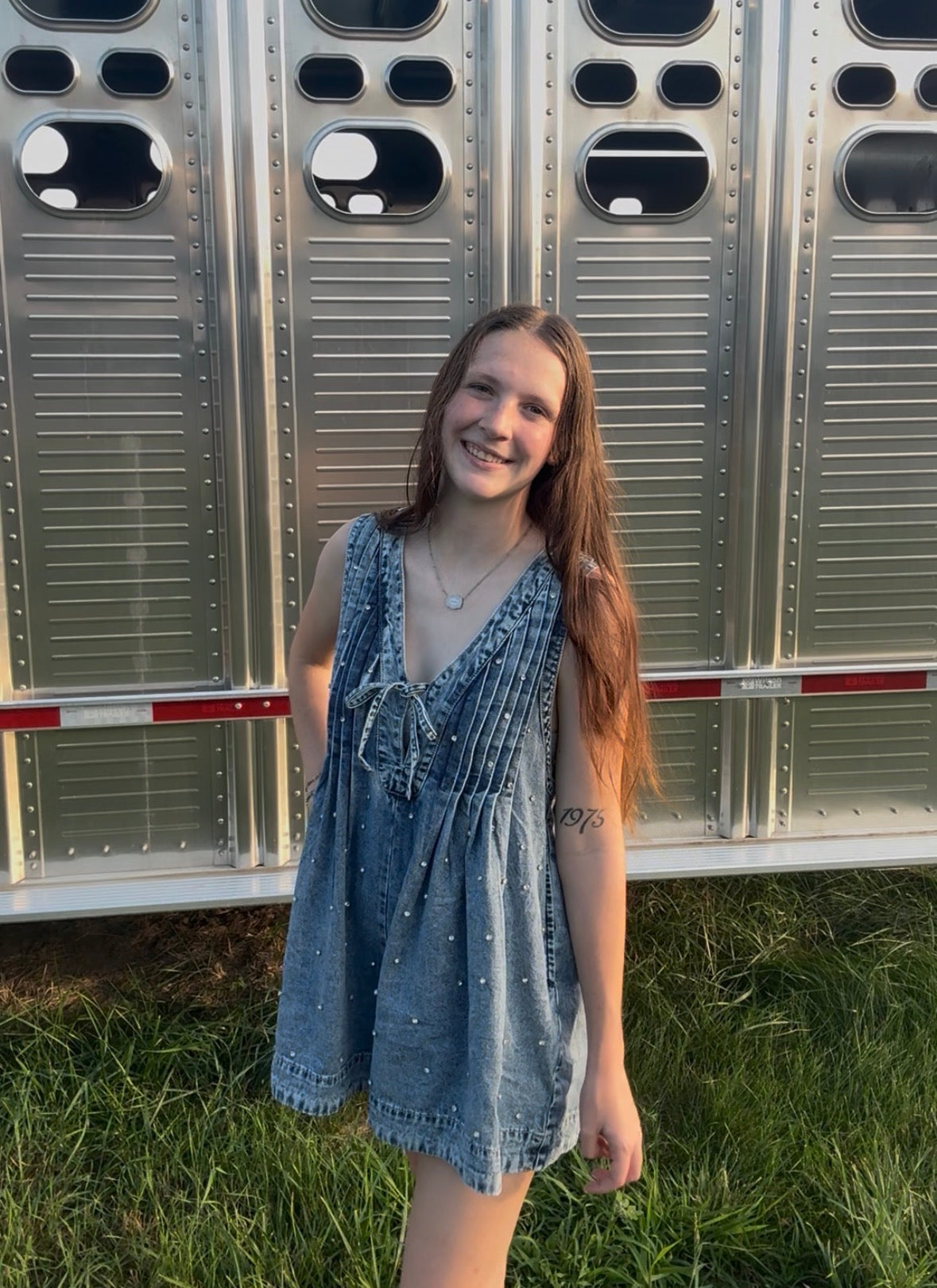 Pleated Rhinestone Denim Romper