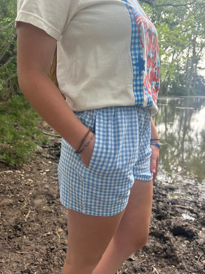 Blue High Waist Gingham Shorts