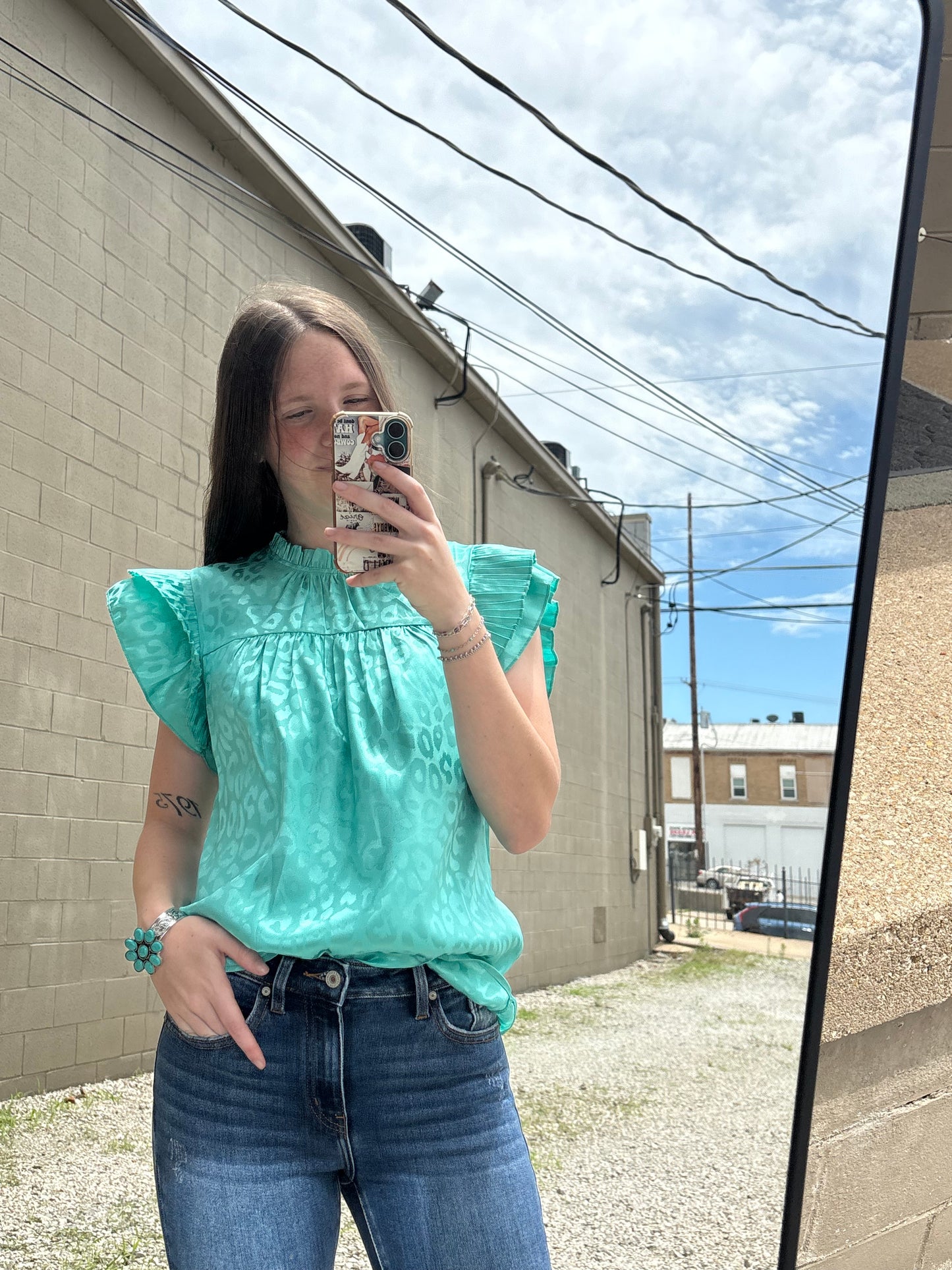 Turquoise Leopard Satin Pleated Ruffle Top