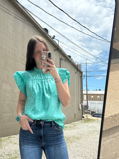 Turquoise Leopard Satin Pleated Ruffle Top