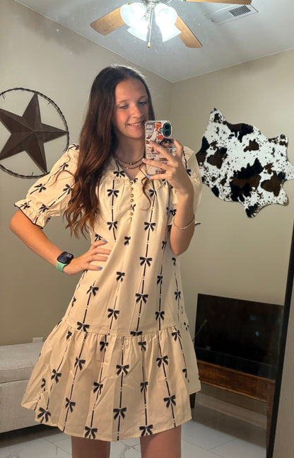 Yeller Daze Bowknot Bubble Sleeve V Neck Mini Dress
