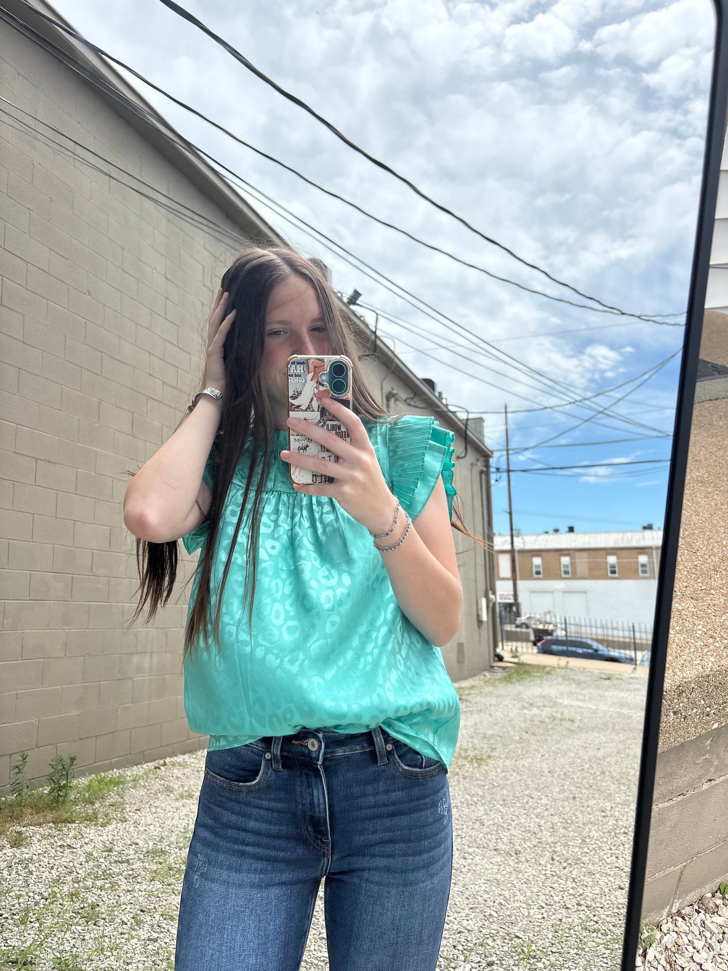 Turquoise Leopard Satin Pleated Ruffle Top
