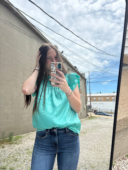 Turquoise Leopard Satin Pleated Ruffle Top
